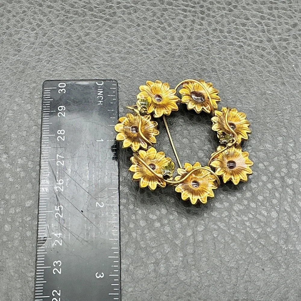 Yellow Enamel Daisy Wreath Brooch Pin Floral‎ Circle Costume Jewelry Womens 2